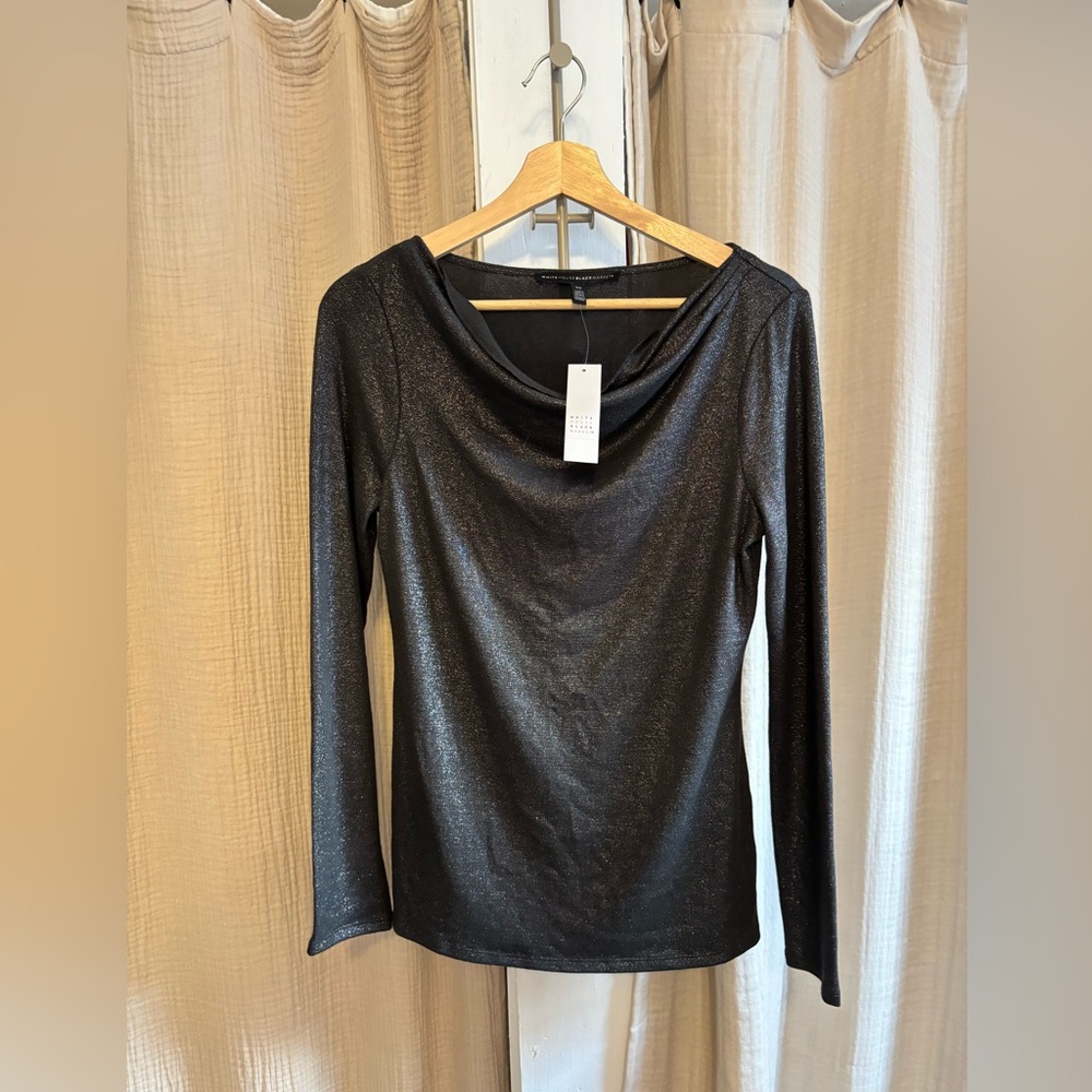 White House Black Market Black Shimmery Long Sleeve Cowl Neck Top